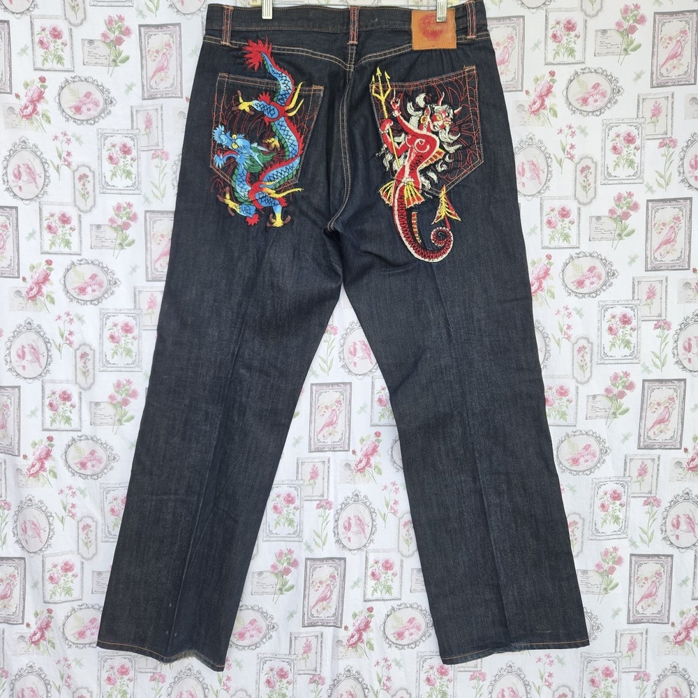 Rare VTG Ed Hardy Mens Blue Dragon Mermaid Embroidered Denim Jeans 38x34 Baggy - Picture 2 of 12